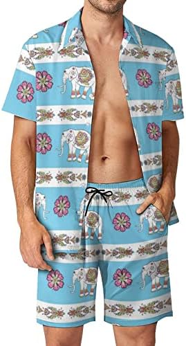 Weedkeycat אפריקה פלורה פלורי פיל תלבושות חוף גברים 2 חלקים כפתור הוואי מטה חולצה קצרה שרוול ומכנסי תא מטען קצרים