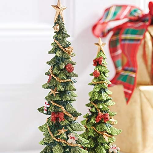 צלמיות עץ חג המולד מעוטרות בגובה ירוק נוצץ, אדום וזהב -12 אינץ 'וגובה 9 אינץ'