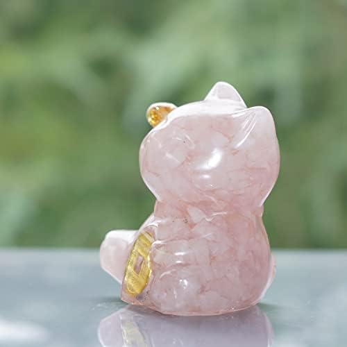 Owmell Crystal Lucky Contoning Cat Pallue, Maneki Neko Feng Shui חתול פסלון, קוורץ ורד טבעי נפל פסל קיטי אבן