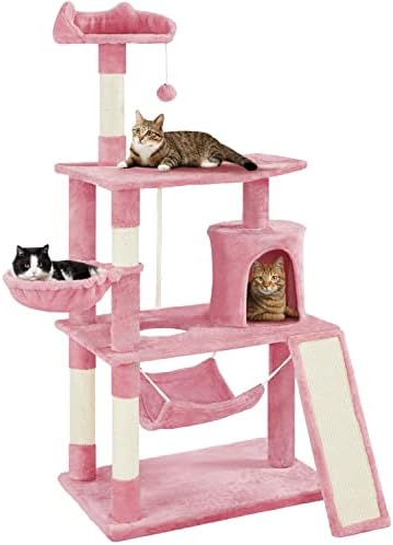 יהיטק 63.5 עץ חתול, דירת מגדל חתולים רב מפלסית עם עמודי גירוד, פלטפורמה וערסל, מרכז פעילות חתולים ריהוט משחק לגורים, חתולים