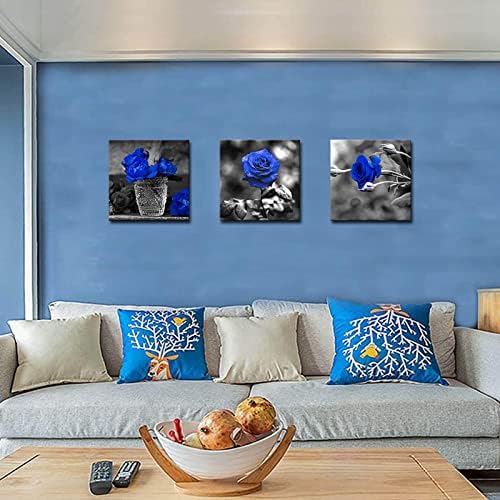 SKENOART 3 לוחות קיר קיר קיר קיר ורד כחול שחור ולבן ציור תמונה פרחונית כחולה מלכותית מוכנה לתלייה לחדר אמבטיה חדר
