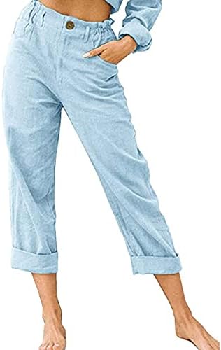 נשים אופנה פשתן מכנסיים 2023 קיץ ישר רגל קפריס מכנסיים אלסטי מותניים חוף יבול מכנסיים כושר רגוע מכנסי טרנינג