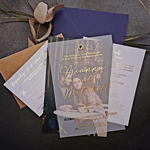 סוויטת הזמנה לחתונה של Xoxokristen, RSVP של נייר זהב, כרטיס פירוט הזמנה עם צילום, סט הזמנה לצילום זהב ורד בהתאמה אישית,