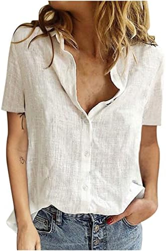 חולצות פשתן כותנה לנשים, חולצות שרוול קצר מזדמן בצבע אחיד כפתור V צוואר קרדיגן קרדיגן חולצה אופנתית קיץ