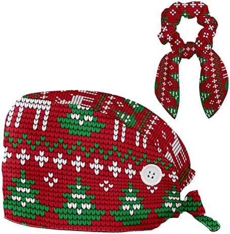 כובע כובע כובע בופנט כובע עבודה עם כפתורים ושיער קשת סקרנצ'י, שיער ארוך, עץ איילים איילים חג המולד סרוג אדום