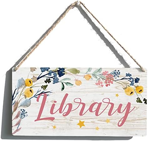 שלט ספרייה מצחיק פרחי חווה פרחי ספרייה עץ תלייה לוחית עיצוב אמנות קיר כפרי לקישוט הבית 12 x 6 אינץ '