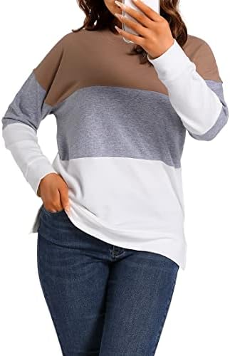 נשים אופנה מקרית ארוך שרוול חולצות צבע בלוק צווארון עגול חולצות חולצות