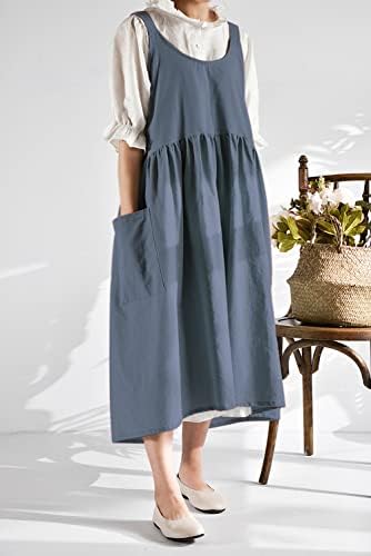 כותנה פשתן צלב חזרה סינר לנשים עם כיסים חמוד יפני קוריאני סגנון פינאפור שמלה כחול אפור