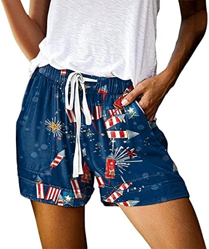 מכנסיים קצרים של 4 ביולי נשים אלסטיות מותניים גבוהות אמריקאיות חוף חוף קצר משקל קל משקל משקל משקל נוח עם כיסים