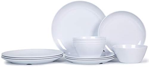 סט כלי אוכל מלמין - צלחות וקערות של 12 יחידות המוגדרות ל -4, שימוש פנים וחוץ, מבטח מדיח כלים, קל משקל, לבן