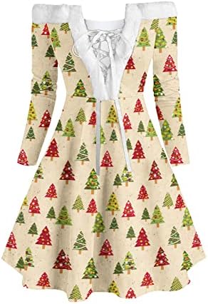 עץ חג המולד משובץ בלוק צבע פרוע מיני שמלת אופנה זורמת נשים שרוול ארוך חולצה סתיו חצאית מזדמנת