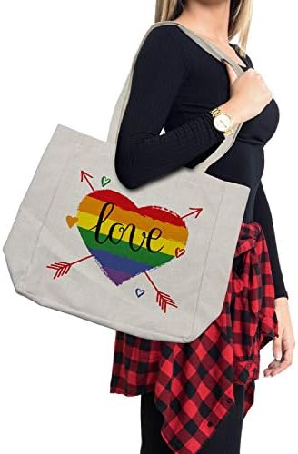 תיק קניות של Ambesonne Pride, לב קשת מצויר ביד עם חצים ושרידים אוהבים מילה הומוסקסואליות יום מיוחד, תיק שימוש חוזר וידידותי