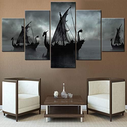 דקור נורדי ציור שחור לבן ויקינגים ספינת יצירות אמנות פנטזיה שיט תמונות לסלון לסלון בית 5 פאנל דרקון קיר קיר אמנות קיר מודרני