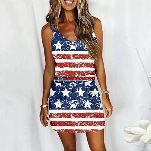 שמלת הדפס של יום העצמאות עם שמלת חולצת כיס ספגטי מפוסה מיתר טנק מזדמן שמלת שמלת מיני חוף שמלת חוף