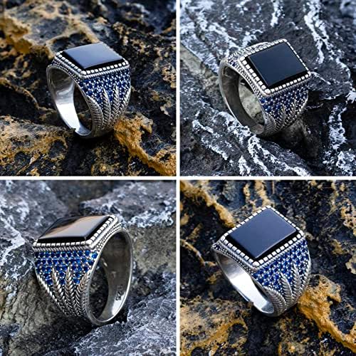 טבעת כסף סטרלינג 925 עם מלבן מלוטש מוצק טבעת אוניקס שחורה, אבן מרובעת שחורה טבעות חותם עות ' מאנית טורקית, תכשיטים בעבודת