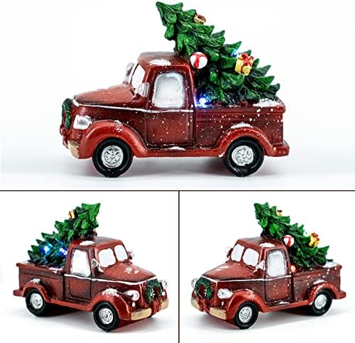 משאית אדומה וינטג 'של Huangpai עם עץ חג המולד, משאית אדומה עם קישוטים קלים, עיצוב משאיות לחג לבית, שולחן אוכל, מדף ספרים, ארון