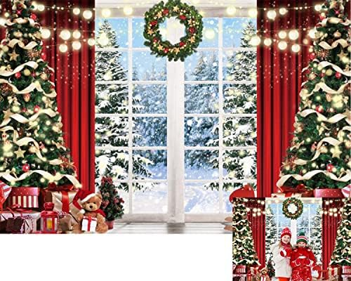 חג המולד רקע חג המולד עץ חלון מתנה חורף יער שלג פתית שלג אורן זר החג שמח צילום רקע באנר פסטיבל משפחה מסיבת קישוט