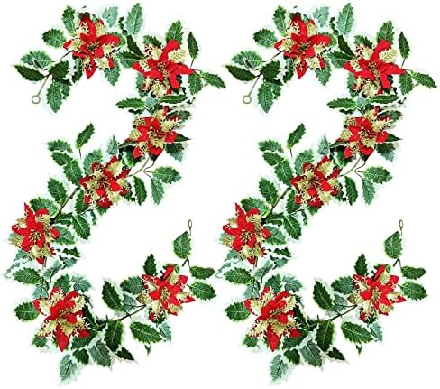 Aoemie 2 חבילה הולי עלים גרלנד פוינסטיה מלאכותית פרחי חג המולד גרלנד עלים הולי מלאכותיים ופוינסטיה קישוט