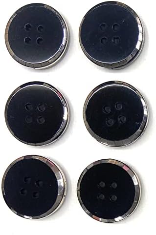 6 כפתורים שחורים של סילון סט - זכוכית שחורה 2 חור עיצוב שפת כסף עם פנים 7/8 '', לשמלה וחליפות