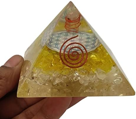 Sharvgun Pyramid Pyramid Citrine & Quartz Chartz פרח חיים פרח חיים אורגון פירמידה הגנה על אנרגיה שלילית 65-70 ממ,
