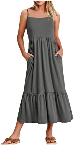 שמלות קיץ של HCJKDU לנשים רצועות ספגטי שמלת מקסי רופפת ללא שרוולים עם כיסים זורמים חוף זורם שופע.