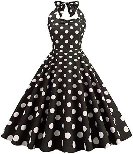 HCJKDU שמלות מסיבות נשים משנות החמישים רטרו רוקבילי שמלת נדנדה בוהו פולקה נקודה הדפסת קשת שמלת נשף רשמית ללא שרוולים