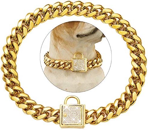 Tobetrendy Cuban קישור צווארון כלבים מעצב שרשרת זהב צווארון עם זירקוניה נעילה 14 ממ צווארון מתכת צווארון יוקרה כלב בלינג