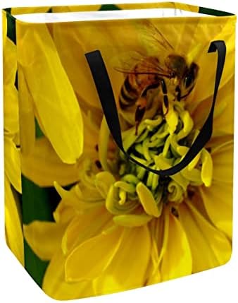 סל כביסה מתקפל בהדפס פרחים ודבורים צהוב, סלי כביסה עמידים למים 60 ליטר אחסון צעצועי כביסה לחדר שינה בחדר האמבטיה