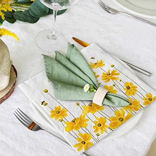 Anydesign 80 חבילות Caliopsis נייר מפיות פרח קיץ דבורה ארוחת ערב מפיות מפיות צהוב פרחוני דקורטיבי ארוחת צהריים