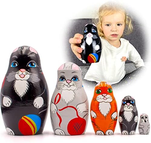 בובות קינון רוסיות חתול סט של 5 יח ' - בובת מטריושקה עם צלמיות חתולים - בובות קינון מעץ חתולים - עיצוב חתולים