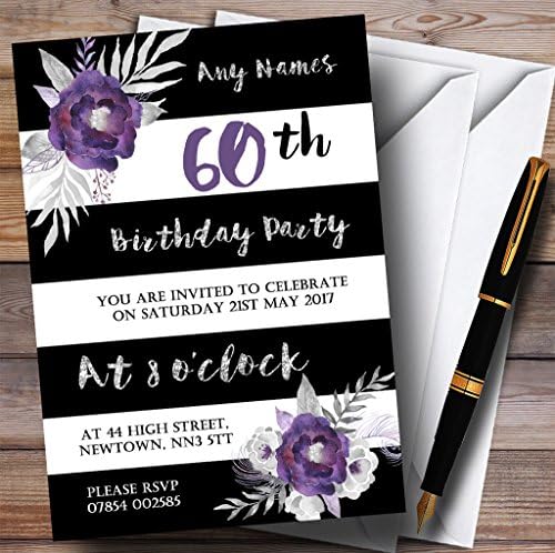 פרח סגול של כסף לבן שחור הזמנות למסיבת יום הולדת 60 בהתאמה אישית