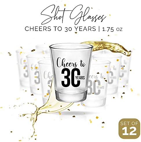 לחיים ל -30 שנה, כוסות זריקה למסיבת יום הולדת 30 סט של 12, 1.75 אונקיות כוסות זריקת זכוכית ליום הולדת 30 עם הדפס שלושים