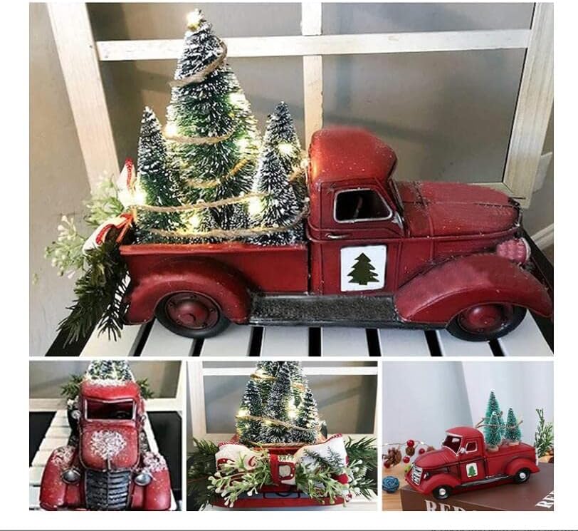 עיצוב חג המולד של משאית אדומה וינטג 'עם עץ חג מולד מואר עטוף סביב חוט נורות LED, עיצוב משאית מתכת בית חווה, מתנה נהדרת לקישוטים