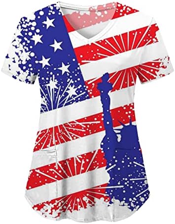 4 ביולי חולצת טי לנשים דגל ארה ב קיץ חולצת טי עם שרוול קצר עם 2 כיסים חולצה למעלה בגדי עבודה מזדמנים לחג