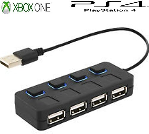 רכזת USB של TechSafe 4 Port 2.0 עם מתגי הפעלה בודדים עם נוריות LED עבור בקר Xbox 360/Xbox One Controller/Xbox One S S/Xbox