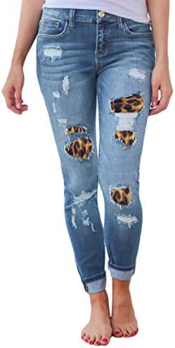 Andongnywell Mid מותן נשים בברך ג'ינס רזים במצוקה קרועה ג'ינס