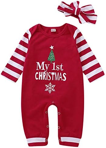 BowanAdacles חג המולד יילוד תינוקת תינוקת בגדים בגדים תלבושת שרוול ארוך רומפר סרבל סרטי ראש מפוספס