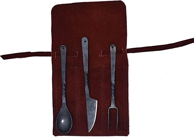 מימי הביניים אוכל אולם אכילה / משתה כלי סט של 3 חתיכה פונקציונלי מזלג סכין וכפית מימי הביניים אכילת סט, עם אמיתי עור פאוץ לנשיאה