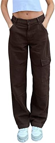 מכנסי מטען רופפים של Dsodan לנשים רטרו רטרו מותניים נמוכים משיכת ג'ינס ישר ג'ינס ישר מכנסיים רחבים מזדמנים עם כיס