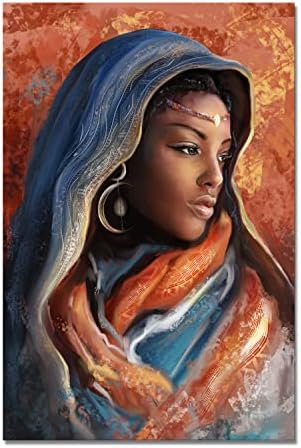 דרקימו אפריקאי אמריקאי קיר אמנות שחור אישה בד הדפסת ממוסגר דקור תמונה של אישה תחת בוהמי צעיף עכשווי יצירות אמנות