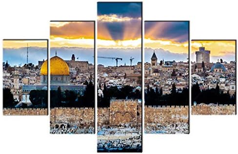 האסלאמי קיר אמנות תפאורה בית הר ציורי ירושלים תמונות 5 יחידות / רב פנל בד בית תפאורה לסלון עכשווי יצירות אמנות ז ' יקלה ממוסגר