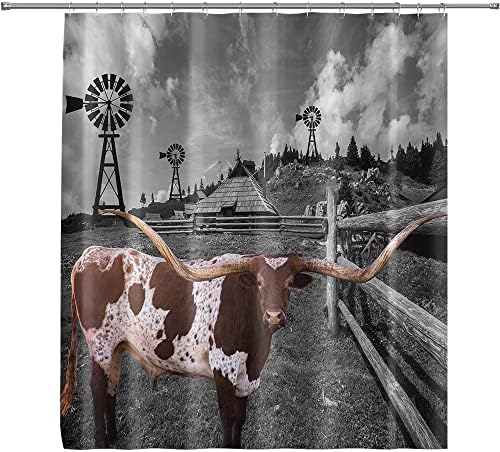 QZJDX Longhorns וילון מקלחת פרה לאמבטיה טקסס בקר מערבית חווה חווה גדר עץ חווה טחנת רוח אסם אסם שחור לבן וילונות אמבטיה