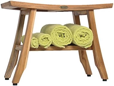 EcoDecors Teak Satori ספסל מקלחת 24 ″ שרפרף מקלחת עץ טבעי עם מושב מעוקל ומדף מושב עץ מושב עץ שרפרף לשימוש פנים וחוץ חיצוני