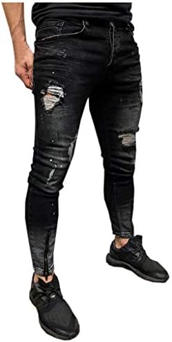 Timemeans Mens Mens Skinny Stretth מכנסי ג'ינס במצוקה נקרע למכנסי ג'ינס רזים ומכונים
