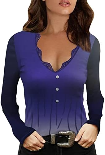 נשים אימון חולצות נשים של מוצק למעלה חולצה שיפוע הדפסת תחרה אחוי למעלה כפתור ארוך שרוול חולצה עם צוואר טוניקה