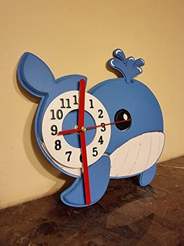 כחול לווייתן צבוע עץ קיר שעון - 10 סנטימטרים ילדים חדר שעון-תינוק מתנה,, עץ שעון מתנה לילדים