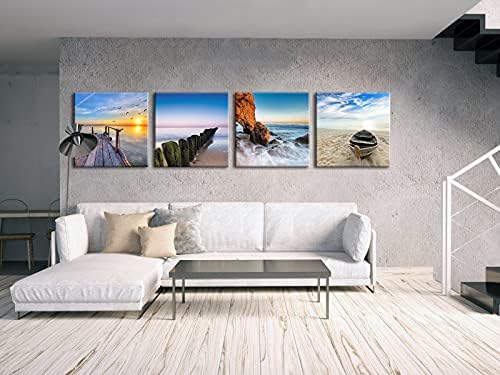 אמנות נוף לים ים חוף הדפסי בד קיר אמנות גדול מודרני 4 פנלים נוף ימי ז ' יקלה ציורי תמונות נמתח וממוסגר נוף יצירות אמנות