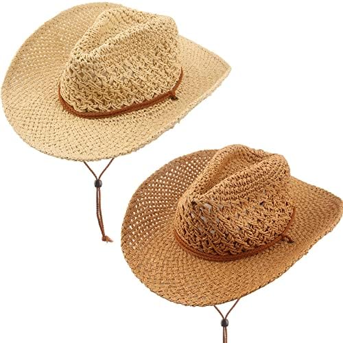 CAGEMOGA 2 חבילה קיץ קש קאובוי כובע נשים קש חוף כובע שמש כובע קאובוי מתקפל כובע שמש עם שרוך רוח לגברים נשים