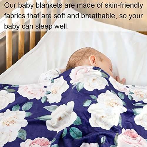 שמיכת תינוק של Hooyax לבנות, שמיכה מינקית פרחונית סופר רכה עם גיבוי מנוקד כחול נייבי למיטת פעוטות מיטת פעוטות מקבלת