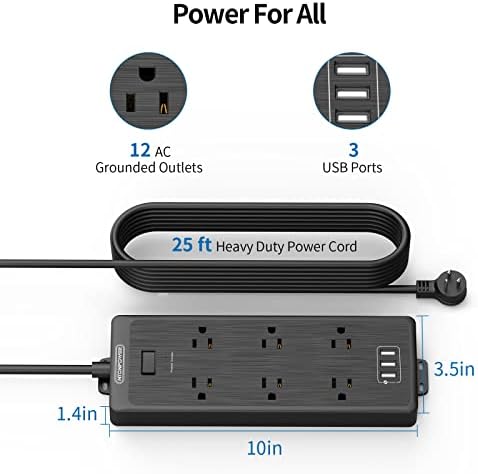 25 רגל ארוך נוסף של חוט הארכה, Ntonpower Plug Plug Struce עם 12 שקעים, 6 מגן מתח נרחב עם USB, הגנה על עומס יתר,